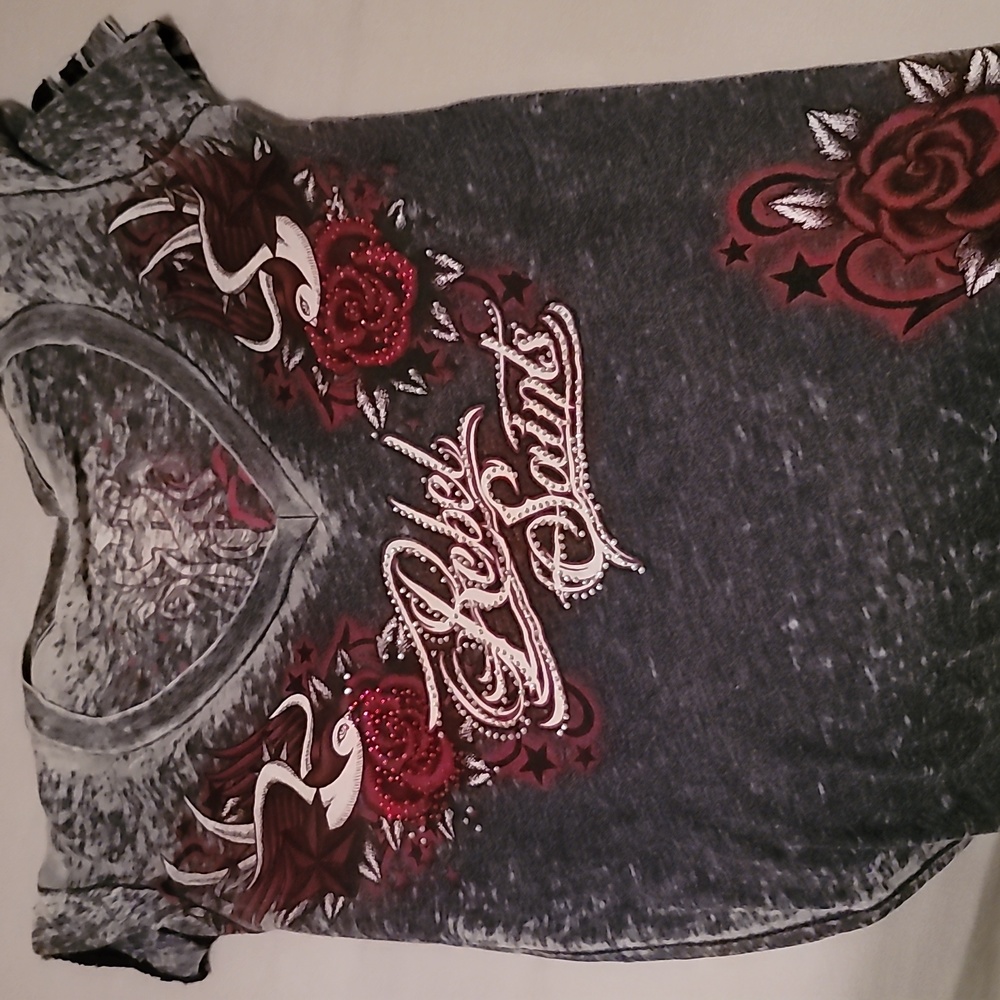Rebel Saints Gray & White Burn Out T- Shirt w/ Rhinestones & Roses Small